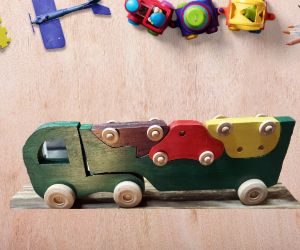 Handmade Wooden Car Transporter with 3 Cars that can nest on top of the trailer. 
