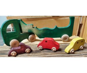 Handmade Wooden Car Transporter with 3 Cars showing cars off the trailer