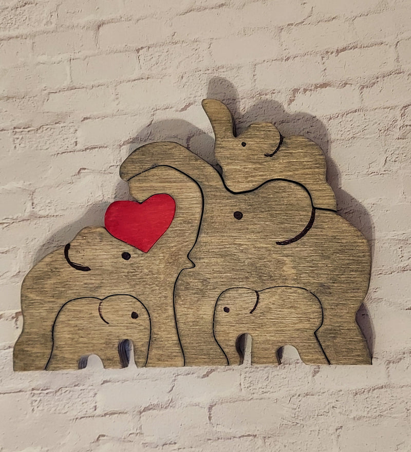 Handmade Wooden Elephant Family with Heart Puzzle