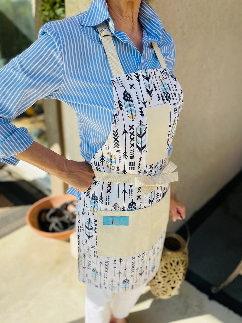Candace Arrows and Feathers Print Apron being worn