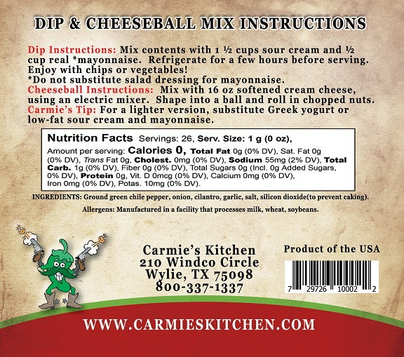 Green Chili and Cilantro  Dip and Cheeseball Mix Packaging