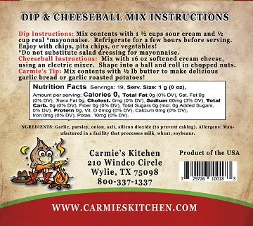 Roasted Garlic Dip and Cheeseball Mix packaging