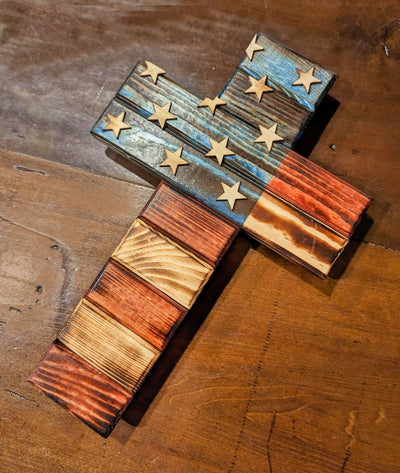 Handmade American Cross in rustic red, white, and blue.