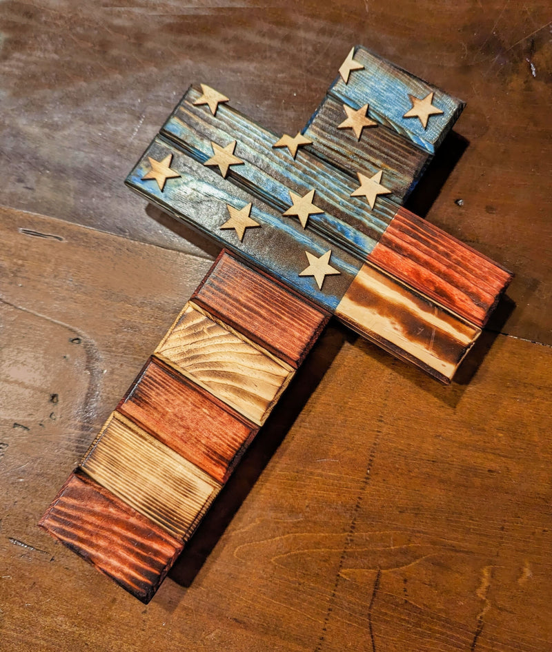 Handmade American Cross in rustic red, white, and blue.