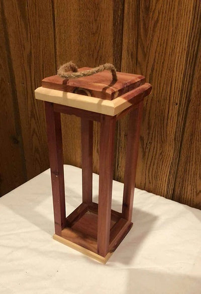 14" tall Cedar Wood Lantern with Rope Handle on Harvest Array.