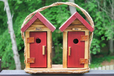 Red His and Hers Large Double Outhouse Birdhouses, Made by the Amish in Lancaster, PA From Harvest Array