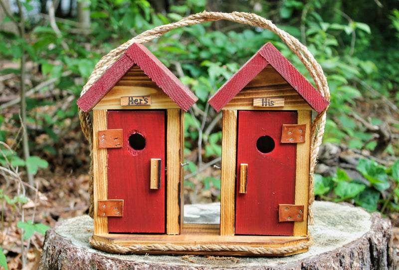 Red His and Hers Large Double Outhouse Birdhouses in the Woods