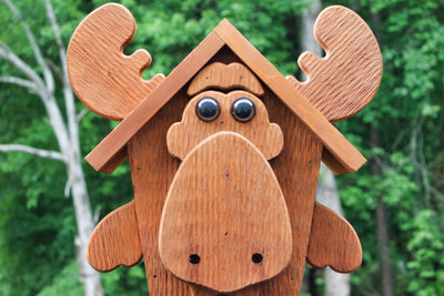 Close up of the Moose Shaped Amish Made Birdhouses From Harvest Array