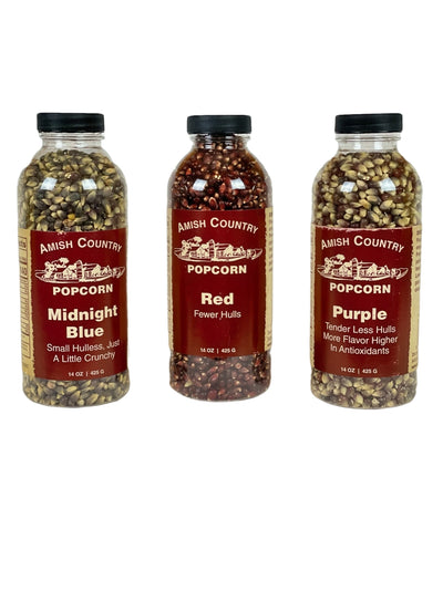 Gourmet popcorn gift set with hulless kernels. Purple, red, and midnight blue flavors. Made in America.