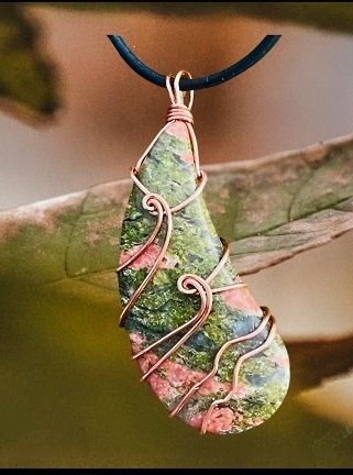 Wire Wrapped Comma Shaped Unakite Pendant Necklace