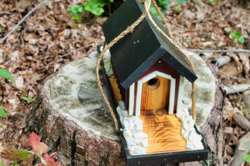 Amish Made Covered Bridge Bird Feeder has realistic looking stones on both sides