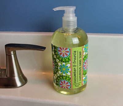 Cucumber & Freesia Liquid Hand Soap comes in a 16 ounce pump bottle