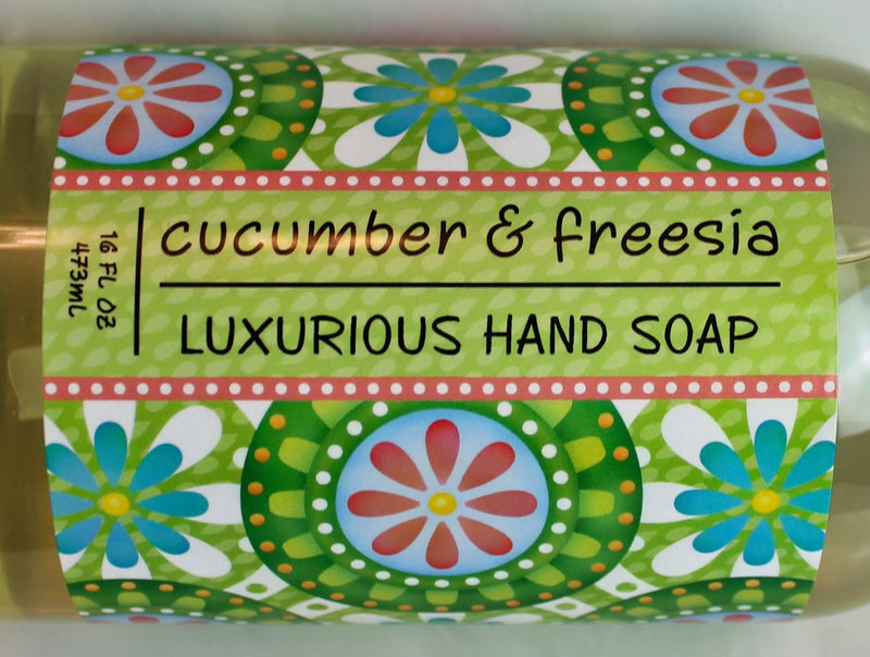 Colorful label on Cucumber & Freesia Liquid Hand Soap