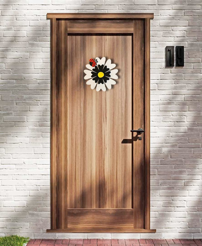 Wooden White and Black Daisy with Ladybug Door or Wall Hanger on Wooden Front Door.