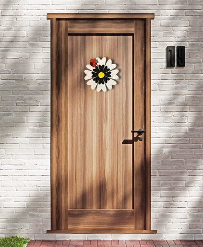 Wooden White and Black Daisy with Ladybug Door or Wall Hanger on Wooden Front Door.