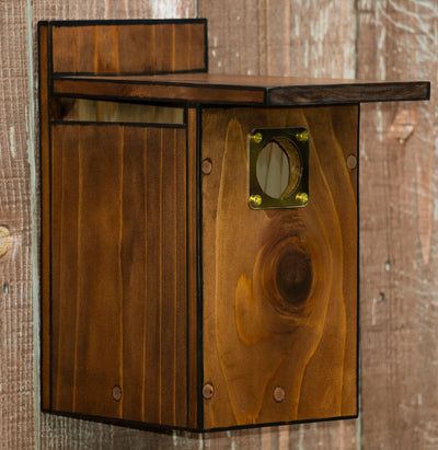 Side view of Dark Stained with Black Trim Cedar Wood Nesting Box Birdhouse