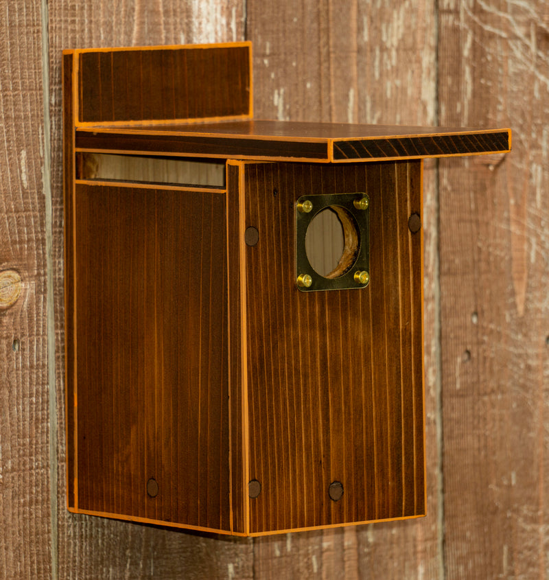 Side view of Dark Stained with Orange Trim Cedar Wood Nesting Box Birdhouse