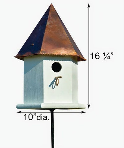 An octagonal Deluxe Songbird Bird House, with a Copper Brown Roof. Size 10 inches by 16.25 inches.