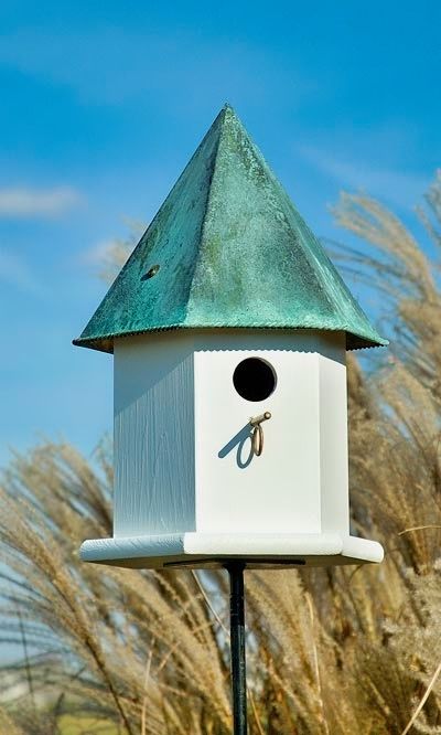 White Deluxe Songbird Bird House, Verdigris Copper Roof