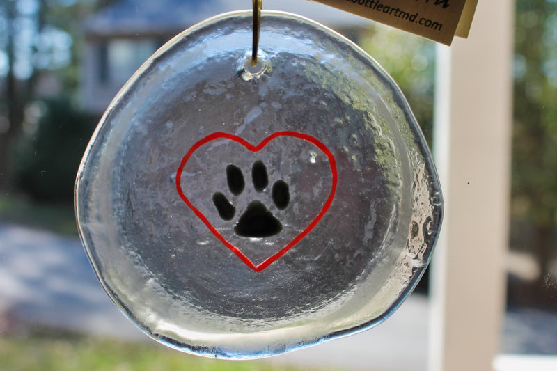 Dog paw in your heart glass suncatcher