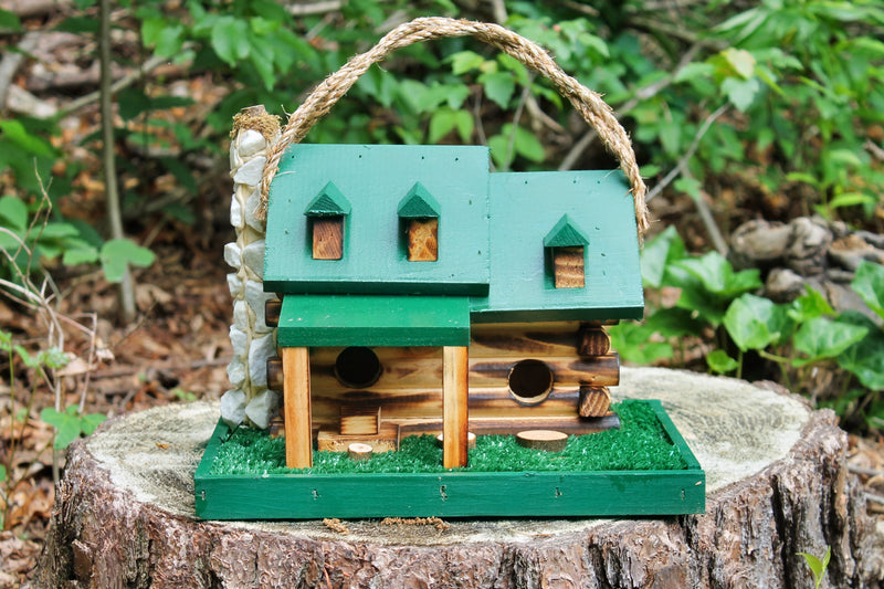 Amish made Green Log Cabin Birdhouse on stump for Harvest Array