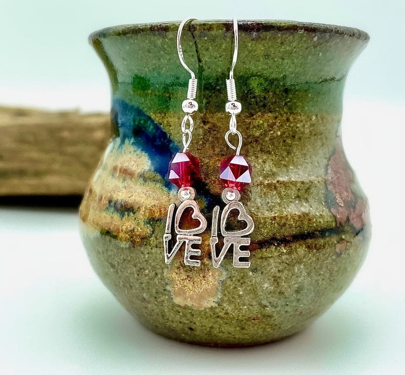  "Love" Charm with Red Swarovski Crystal Earrings, made in MD.