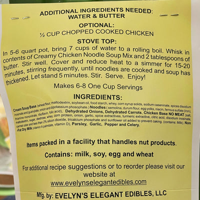 Directions and ingredients for Evelyn's Elegant Edibles Creamy Chicken Noodle Soup Mix