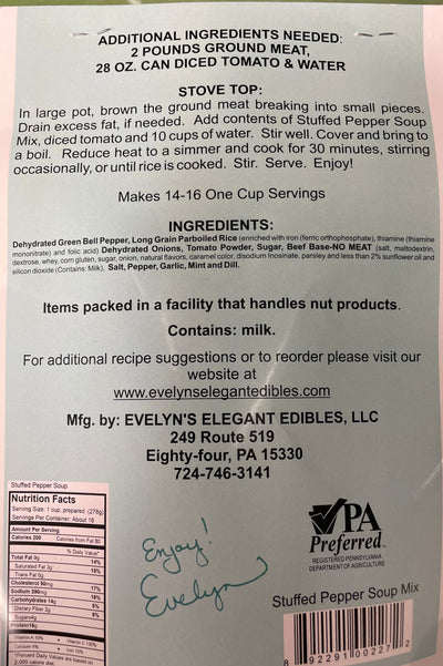 Back of package of Evelyn's Elegant Edibles Stuffed Pepper Soup Mix