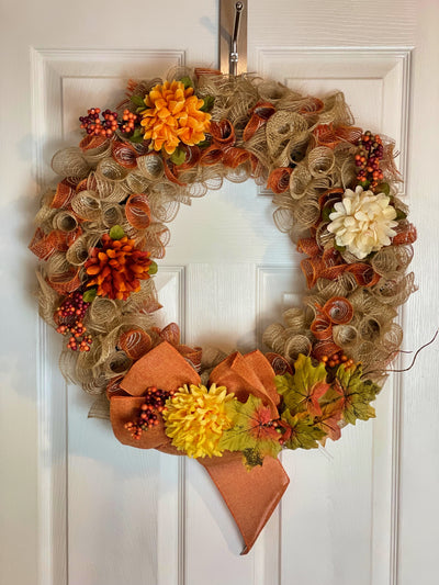 Curly Deco Mesh Wreath in Fall Colors on Harvest Array