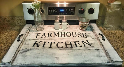 White Distressed Farmhouse Kitchen Stove Top Cover/Noodle Board Boxed Design.