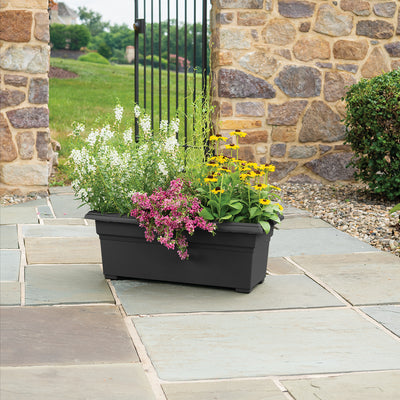 Flower box planters are 26.5" L x 10" H x 11" W from Harvest Array