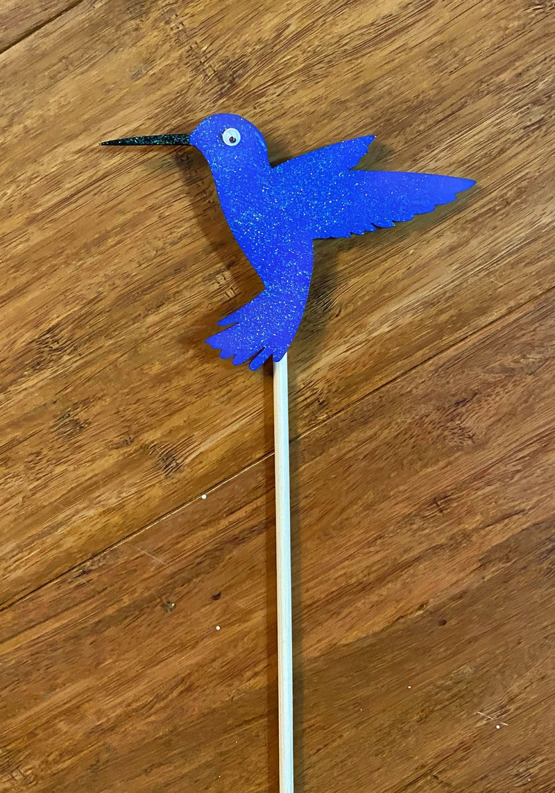 Classic Blue Hummingbird Mini Plant Stake with Shimmer Finish