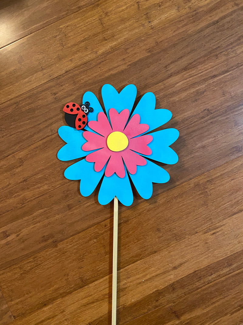 Light Blue and Light Pink Daisy with Ladybug Petite Wooden Garden Stake