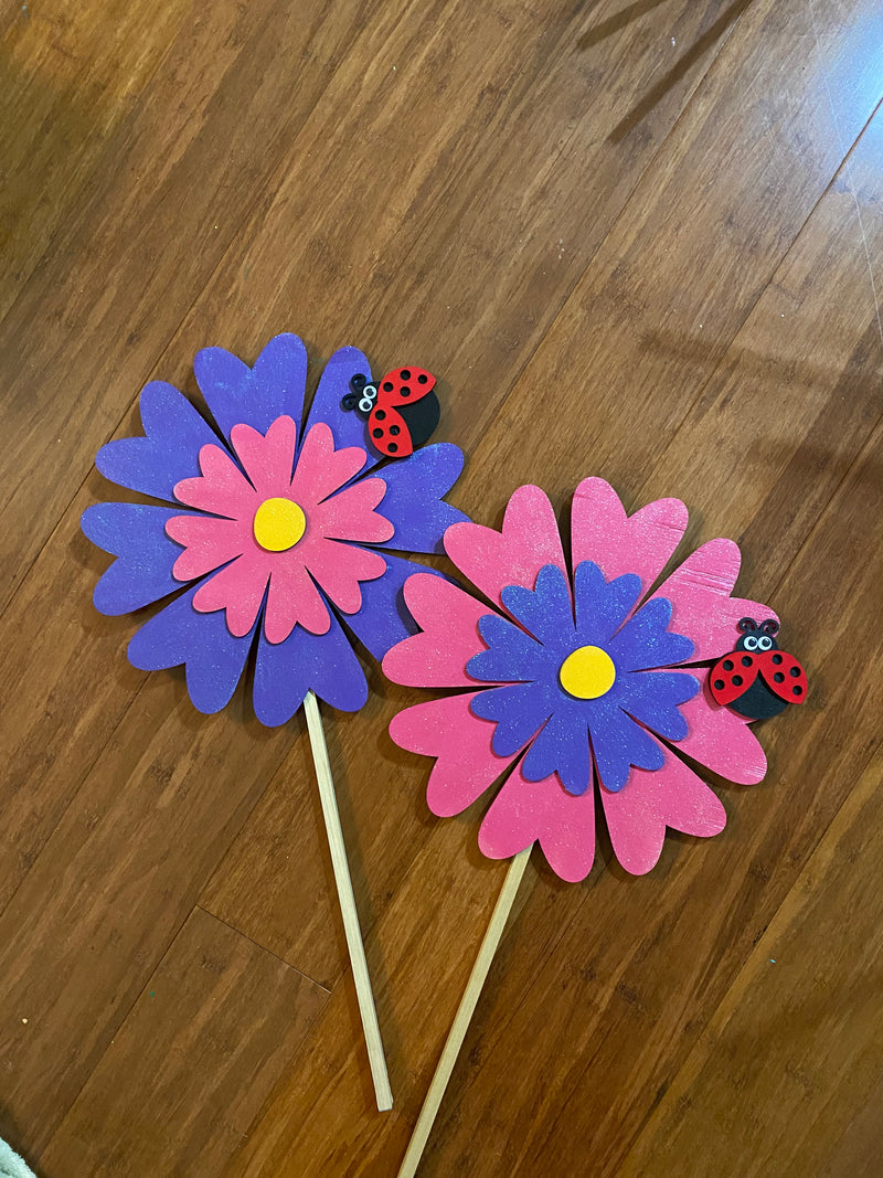 Two Daisy with Ladybug Petite Wooden Garden Stakes with Shimmer Finish