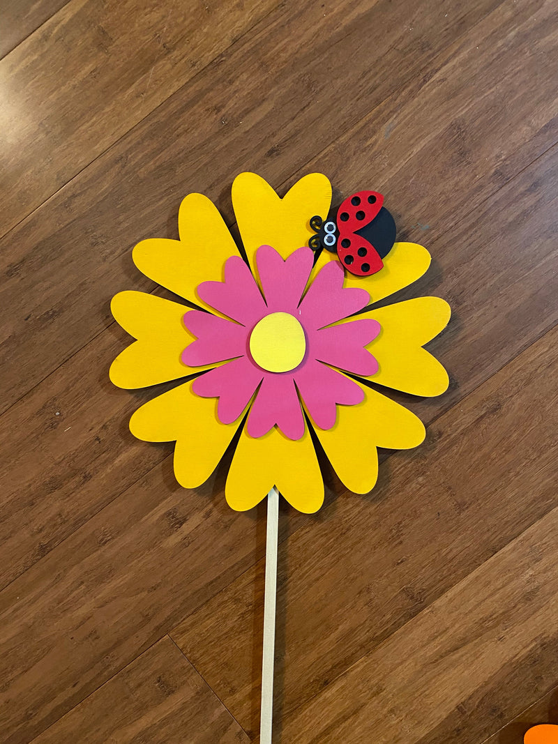 Yellow and Berry Pink Daisy with Ladybug Petite Wooden Garden Stake