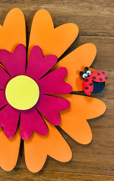 Wooden Orange and Red Daisy with Ladybug Door or Wall Hanger close up