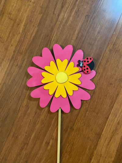 Light Pink and Yellow Daisy with Ladybug Petite Wooden Garden Stake