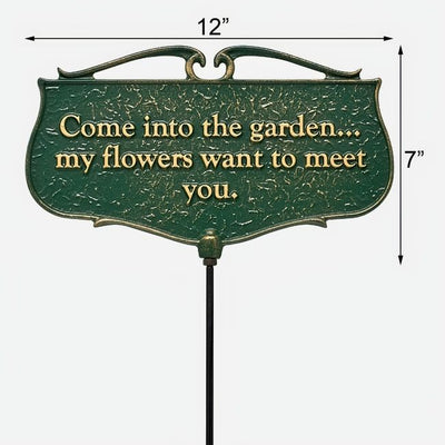 Green garden plaque with gold lettering. Dimensions of plaque: 12inches wide, 7inches tall