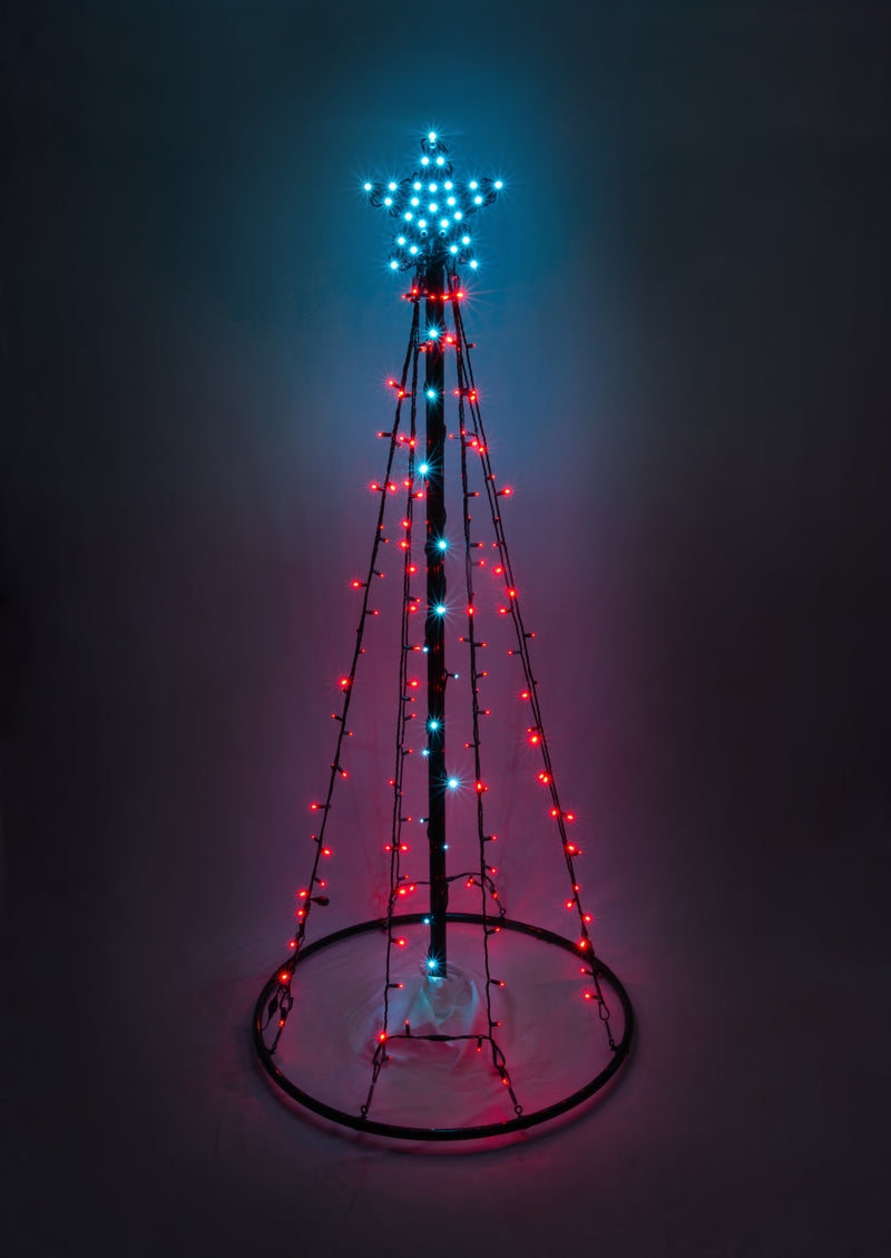 Outdoor LED Lighted Christmas Tree, Green Base, Aqua Blue Tree Lights