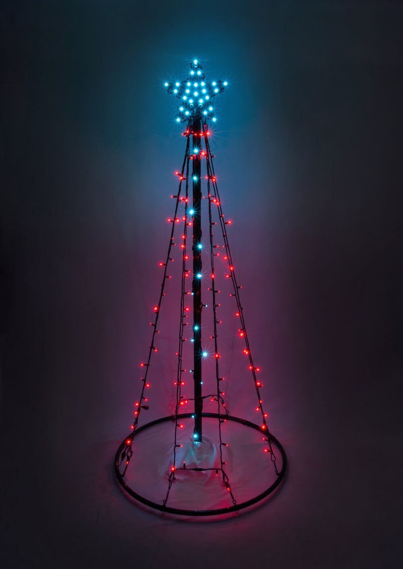 Outdoor LED Lighted Christmas Tree, Green Base, and Blue and White Lights