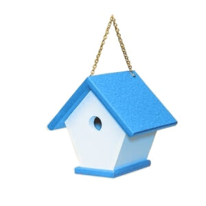 Side angle view of White and Blue Wren Birdhouse