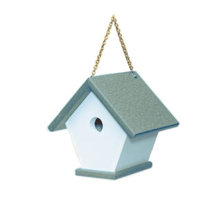 Side Angle view of White and Gray Wren Birdhouse