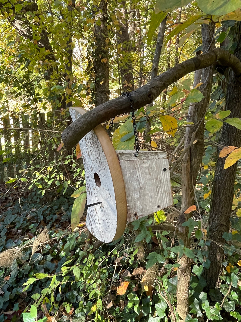 Right side view of Moon Shaped Birdhouse showing chain to hang