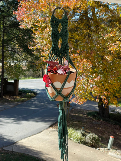  Marie Macramé Plant Hanger in Green. Holds a 4 inch potted plant. Handmade in the USA. Available at Harvest Array.