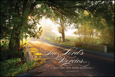 "The Lord's Mercies...They are new every morning...." Lamentations 3:23 on a tree-lined country road background.