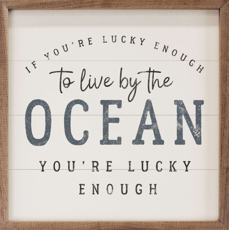 Lucky to Live by the Ocean on White - Framed Sign