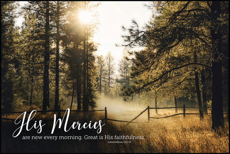 "His Mercies are new every morning. Great is His faithfulness." -Lamentations 3:22-23 with foggy pine forest at daybreak in the background.