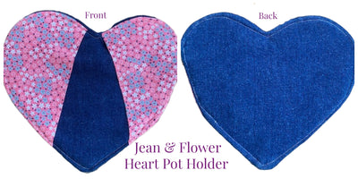 Jean Flower Heart Shaped Pot Holders with Pockets