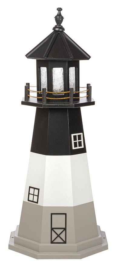 Black, White, and Gray Oak Island Replica Wooden Lighthouse with Base - 4 Feet on harvestarray.com