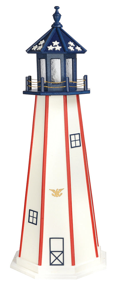 Blue top, white panels, with red trim Patriotic Wooden Lighthouse with Base - 6 Feet